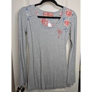 Johnny Was Grey Pink Flower Cotton Embroidered Long Sleeve T-Shirt Blouse SZ. XS